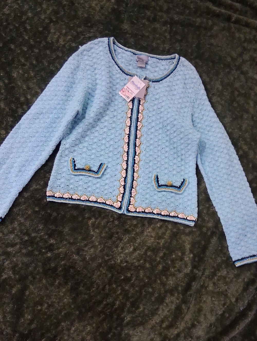 berek Light Blue Textured Cardigan Jacket with Navy and Peach Trim